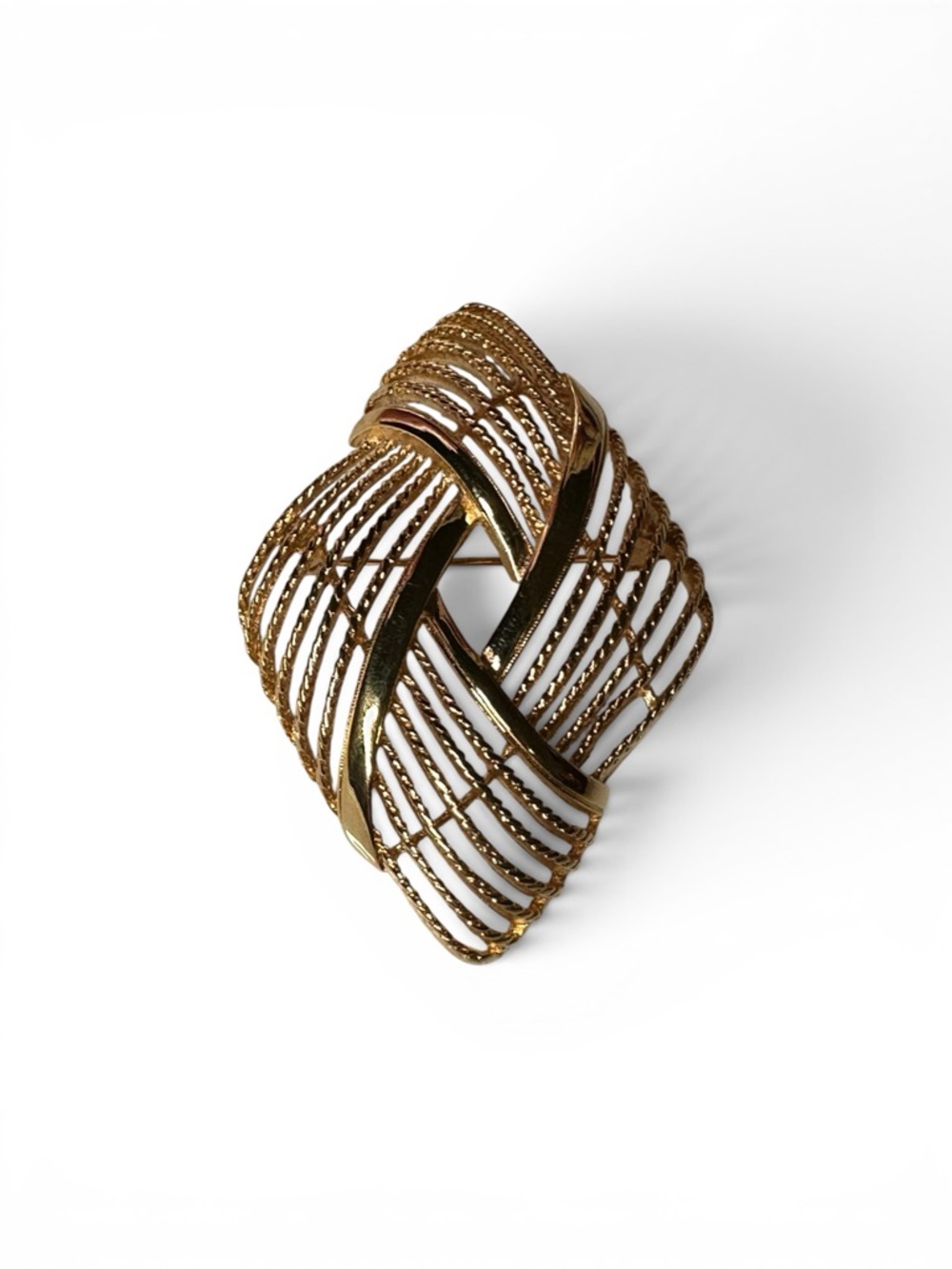 Vintage Monet Gold Tone Sculptural Brooch Textured Ribbon Statement Pin